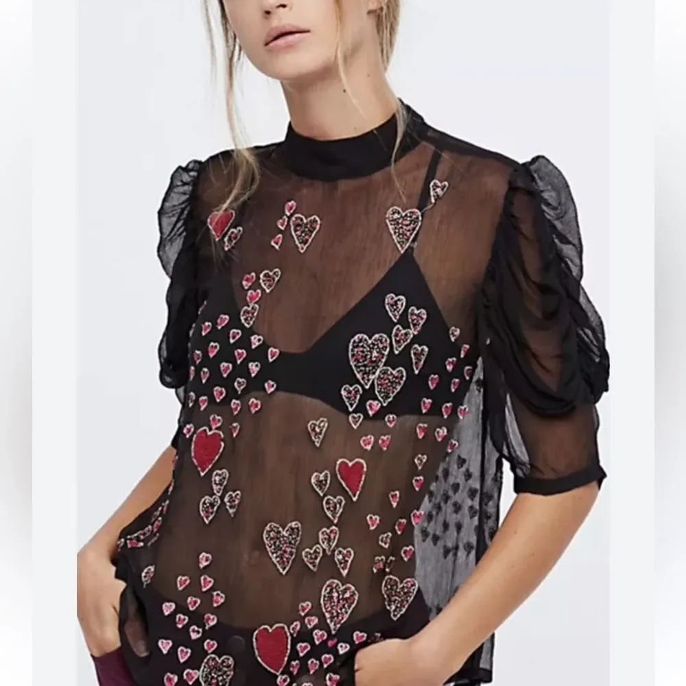 Free People So In Love Embroidered Blouse, Black Beaded Heart XS